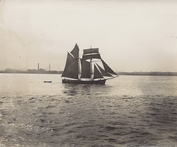 'Ethel May' of Chester, built 1878 by Jones, Rhyl In March 2015, shortly after publishing this photograph, I received the following: I was thrilled to find, by chance in your collection, a photo of my Great Grandfather's boat. The Ethel May was built at Rhyl, North Wales, in 1878 (65 tons) owned by John Kearney of Co.Down.  I am assuming it was a schooner?  My Great Grandfather, Richard Coppack was her captain.  My Aunt was named after the boat, although she always felt it should have been the other way around.  Both of my mother's grandparents were mariners, one a river pilot on the Dee.  The Coppacks were mariners of Connah's Quay on the North Wales coast.  During a hurricane(!) in November 1890 (The Times 12th November 1890) my Great Grandfather drowned, having been washed overboard whilst his boat was being rescued. I have a pair of binoculars which belong either to Richard or my other Great Grandfather, Stephen.  Sadly, my mother cannot remember which(she is 101 ). I found your website as I am trying to track Richard Coppack down. He is on the census of 1881 on the George Evans in Cardigan and prior to that in Whitehaven on a "vessel".  I would love to know more about what he was doing there, his cargo etc. From the photo, it looks like it could have been taken in Liverpool, on the Mersey.  